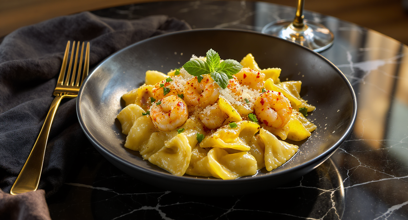 Creamy Shrimp & Bow Tie Pasta with Munster and Sun-Dried Tomato Pesto
