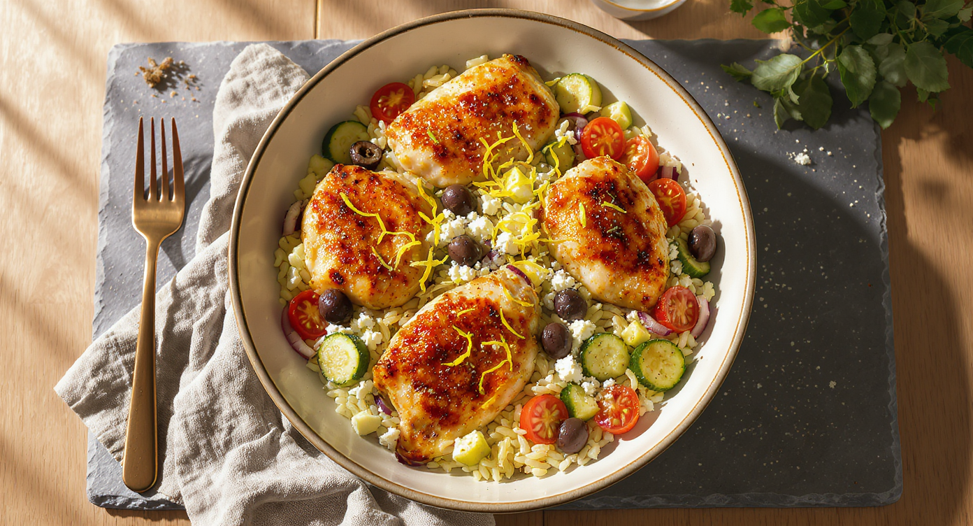 One-Pan Mediterranean Chicken & Orzo Skillet (Trader Joe’s Budget Dinner)