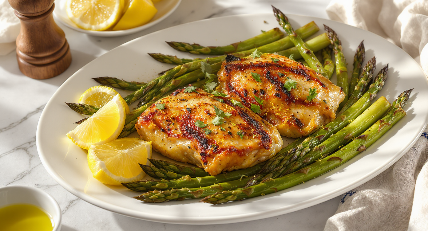 Greek Lemon-Oregano Roasted Chicken Thigh with Charred Asparagus