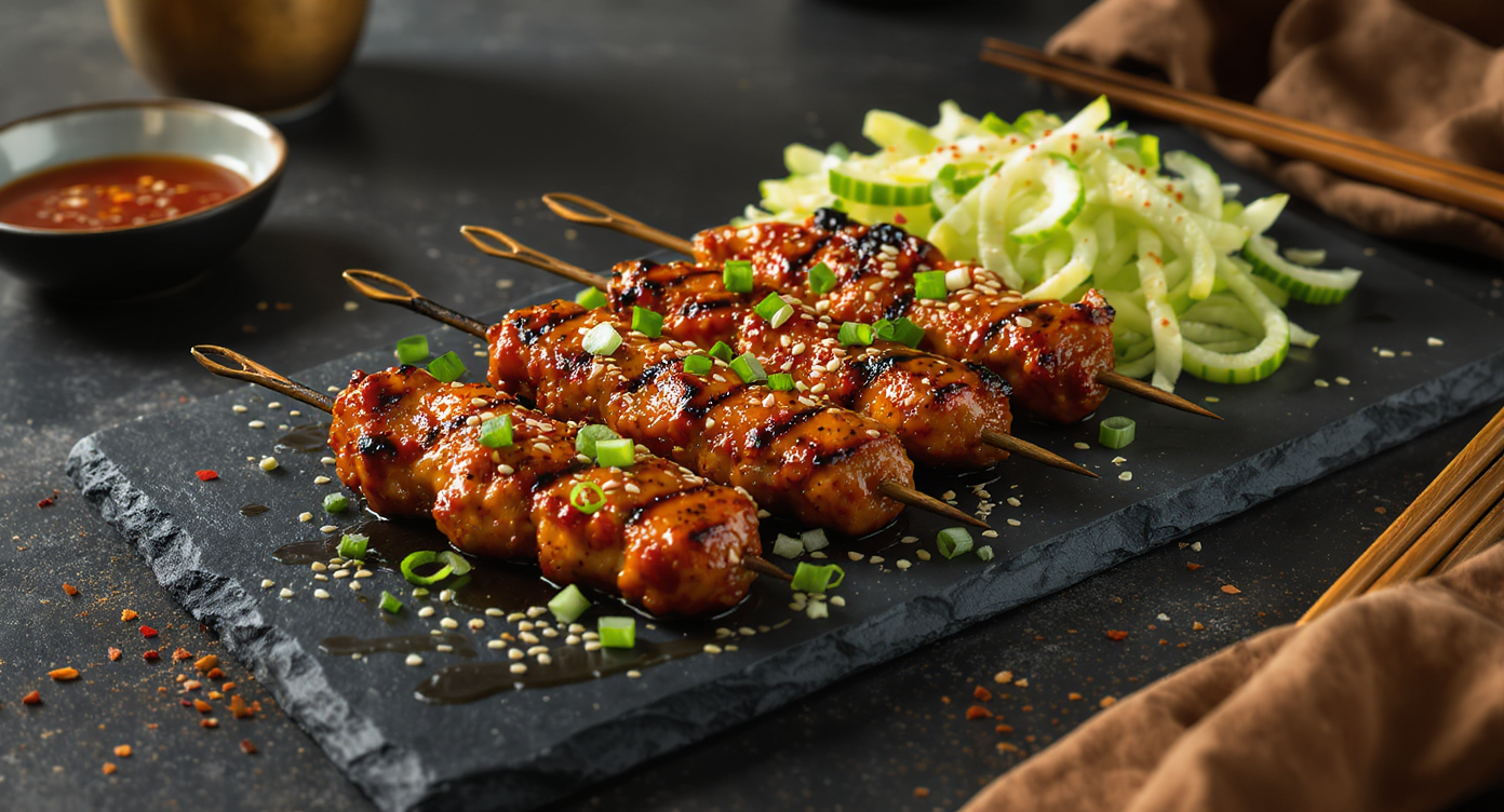 Korean Gochujang Grilled Chicken Skewers with Sesame-Cucumber Salad