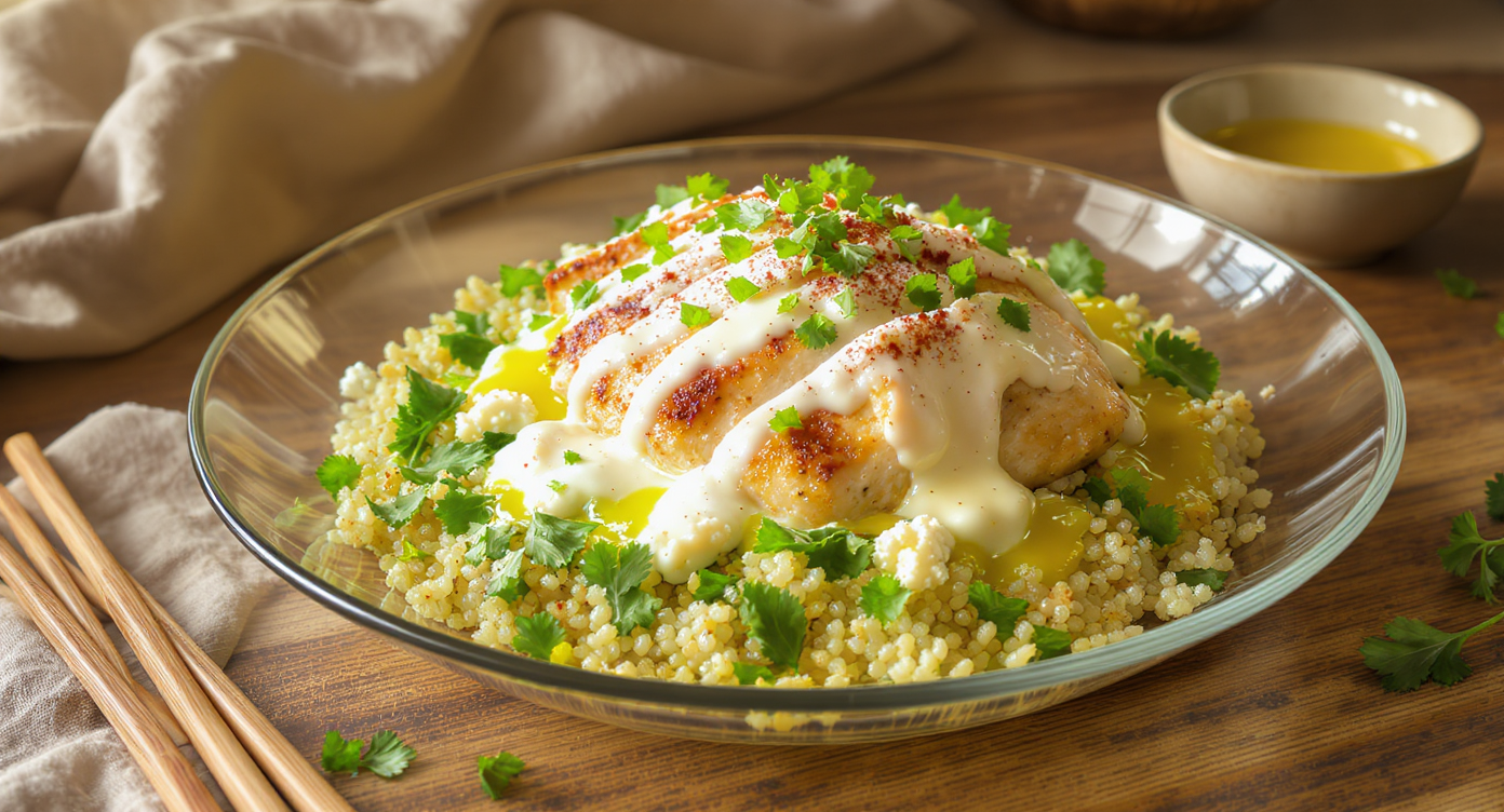 High-Protein Mediterranean Bulgur Bowl with Herb Yogurt Chicken