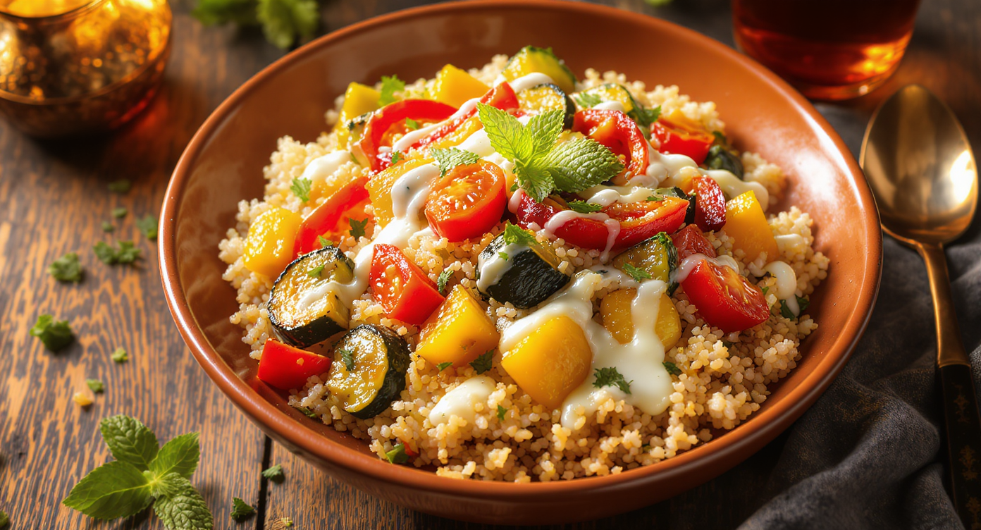 Turkish Bulgur Pilaf with Roasted Vegetables & Yogurt Mint Drizzle