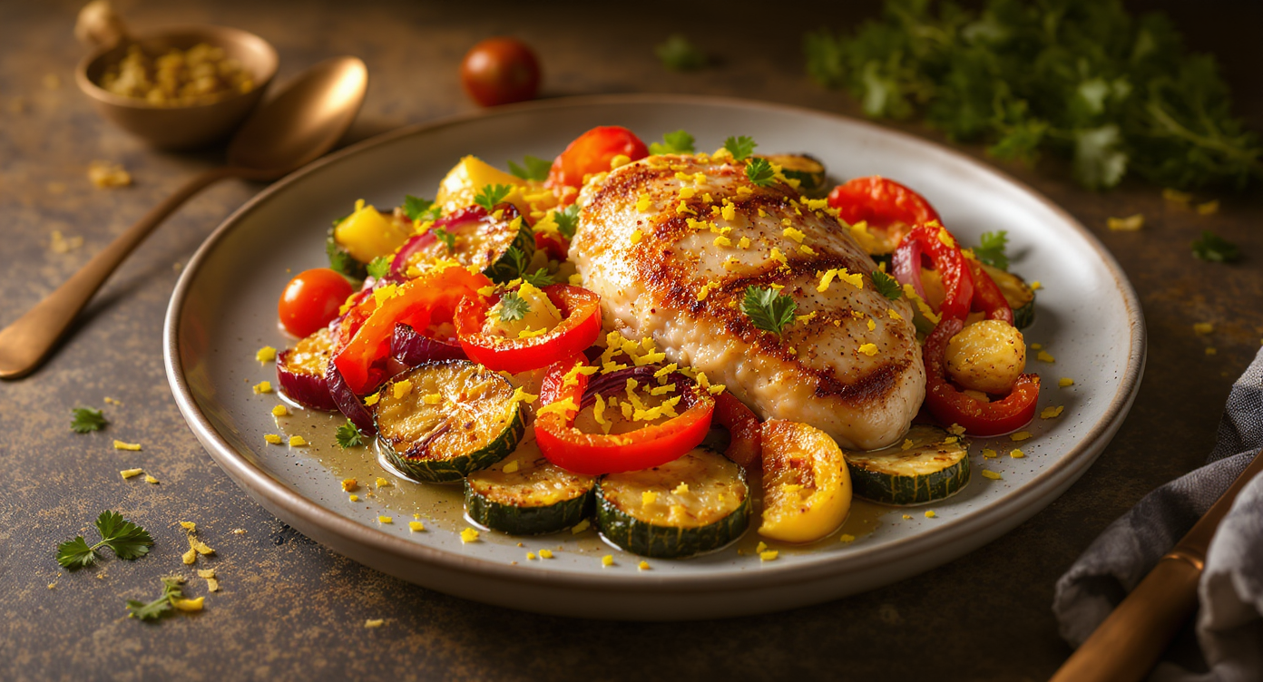 Mediterranean Brined Chicken Breasts with Roasted Lemon-Garlic Vegetables