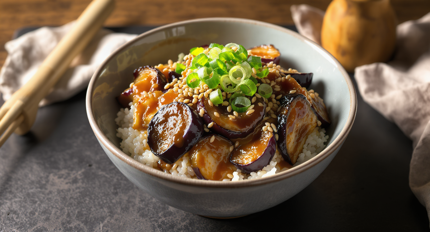 Japanese Braised Eggplant & Shiitake Donburi with Sesame-Miso Sauce