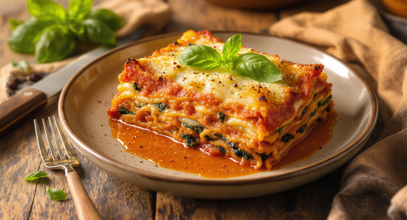 Vegetarian Spinach & Mushroom Lasagna with Ricotta and Basil