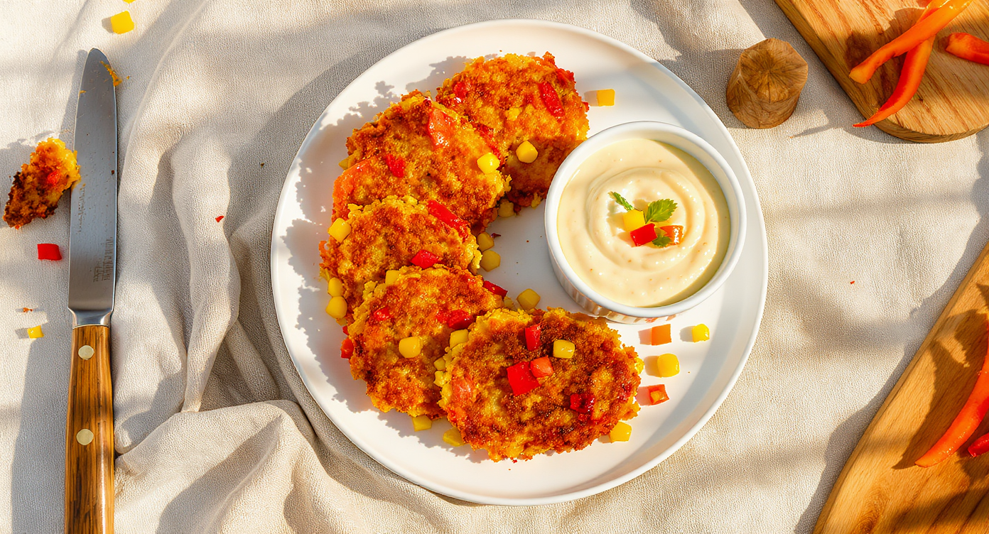 Rainbow Roasted Veggie Fritters with Sweet Corn Dip