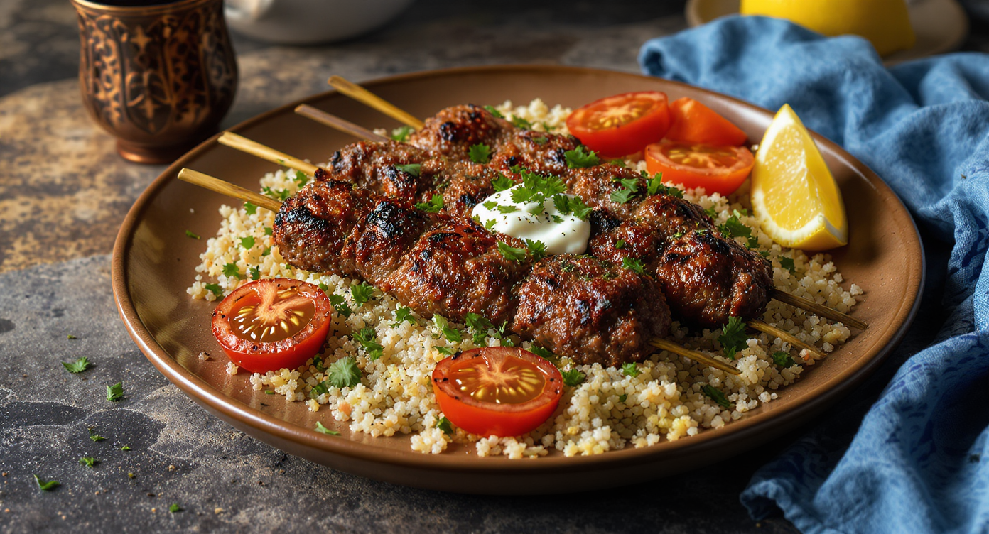 Turkish Lamb Kofta with Herbed Bulgur Pilaf, Grilled Tomatoes & Tangy Yogurt