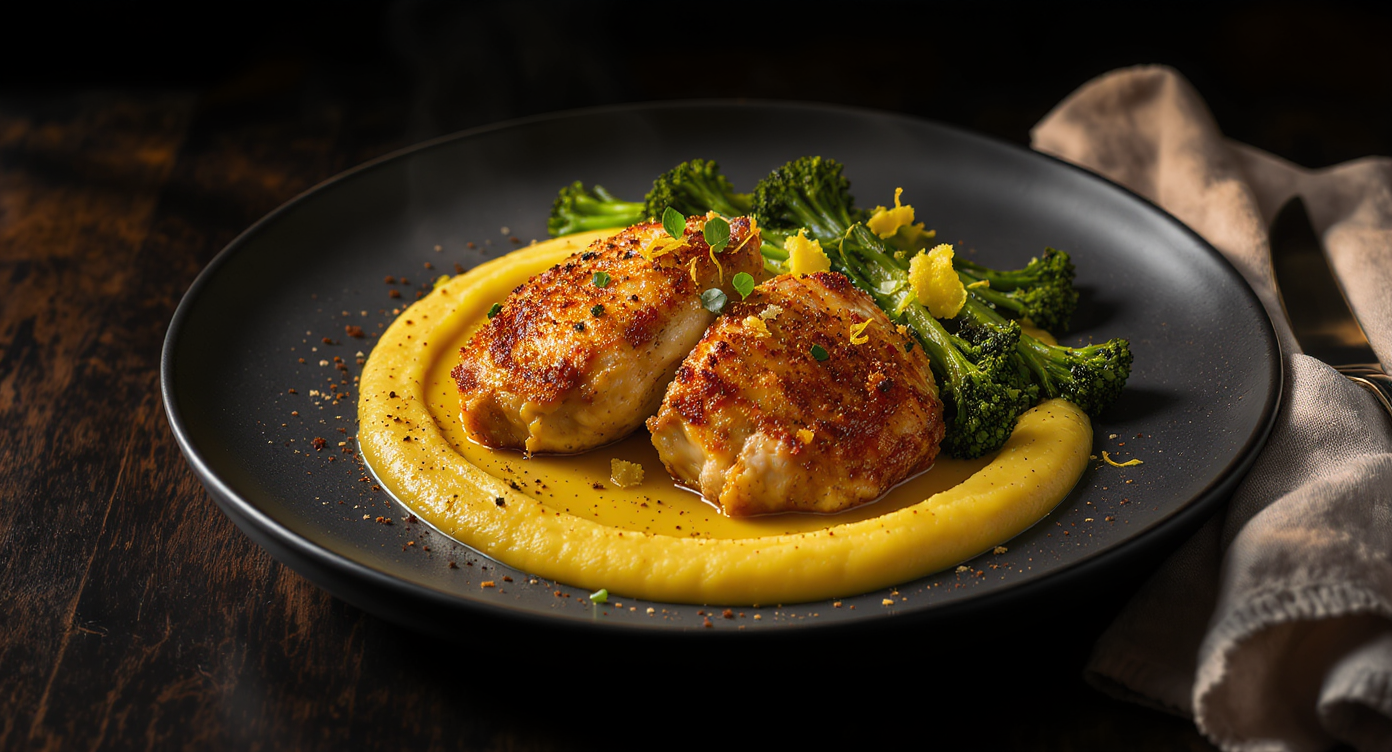 Brined Crispy Chicken Thighs with Brown Butter Sweet Corn Purée & Charred Broccolini