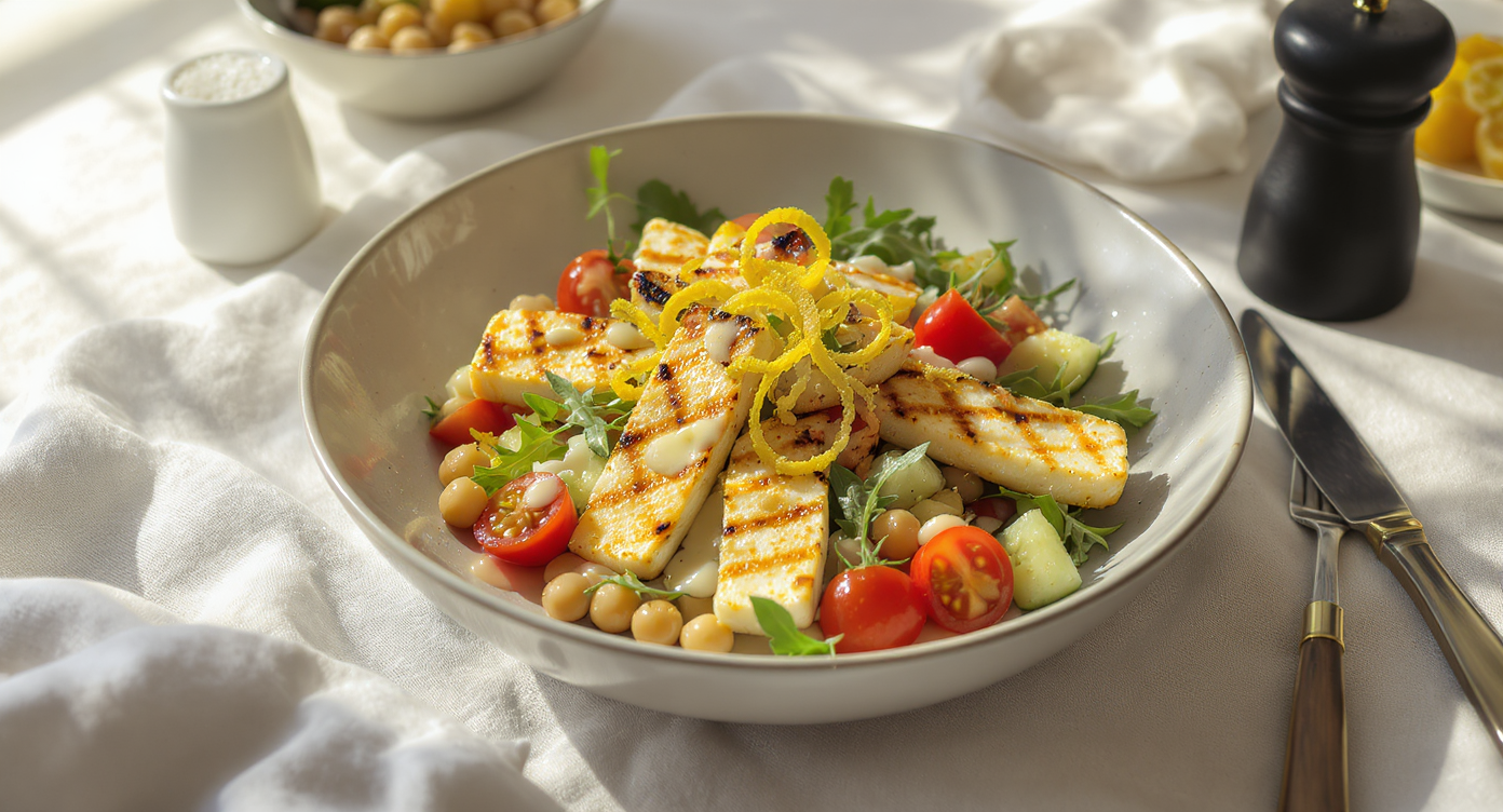 Summer Grilled Halloumi & Chickpea Salad with Lemon-Tahini Dressing