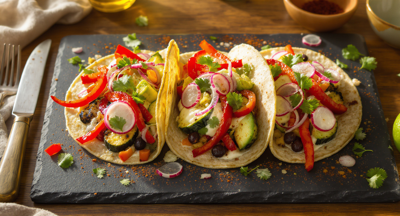 Charred Veggie & Black Bean Tacos with Lime Crema
