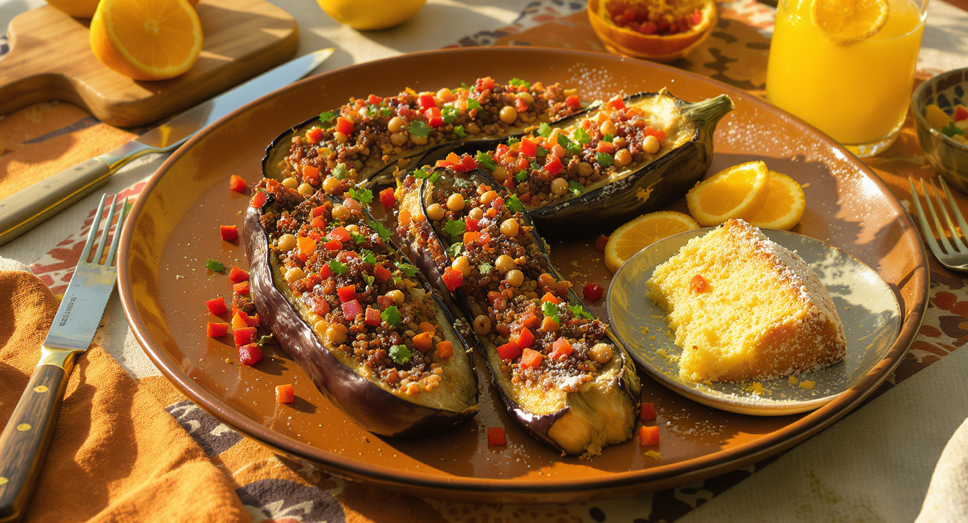 Groovy 70s Vegan Dinner Tour: Disco Stuffed Eggplant & Shagadelic Citrus Cake