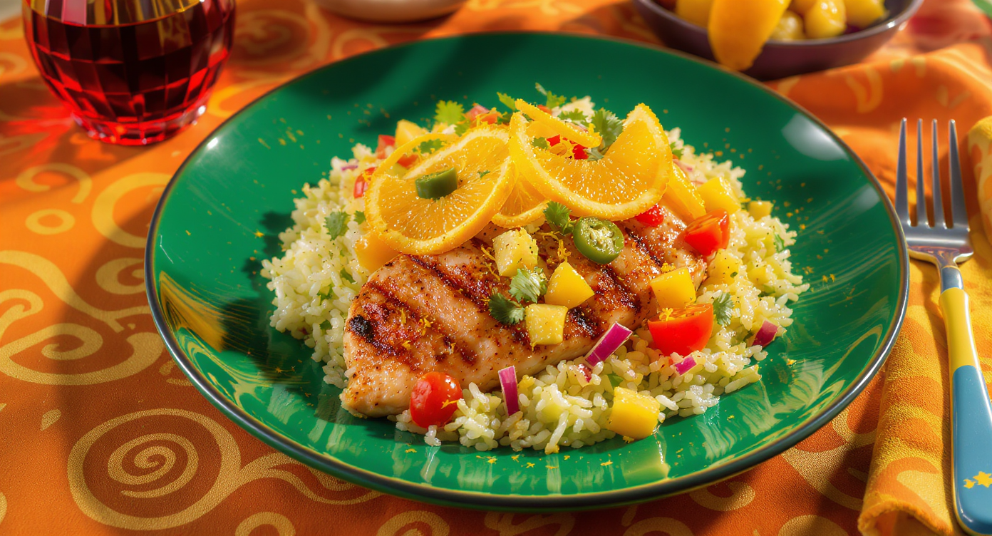 Disco Inferno Grilled Chicken with Funkadelic Citrus Salsa & Groovy Avocado Rice