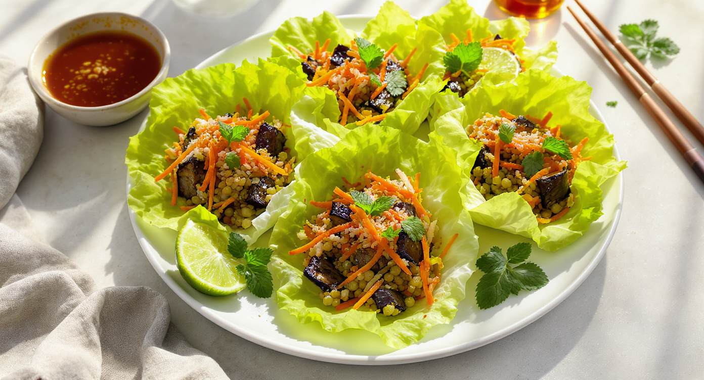 Thai Grilled Eggplant & Lentil Larb Lettuce Cups (Vegan Isaan Street Style)