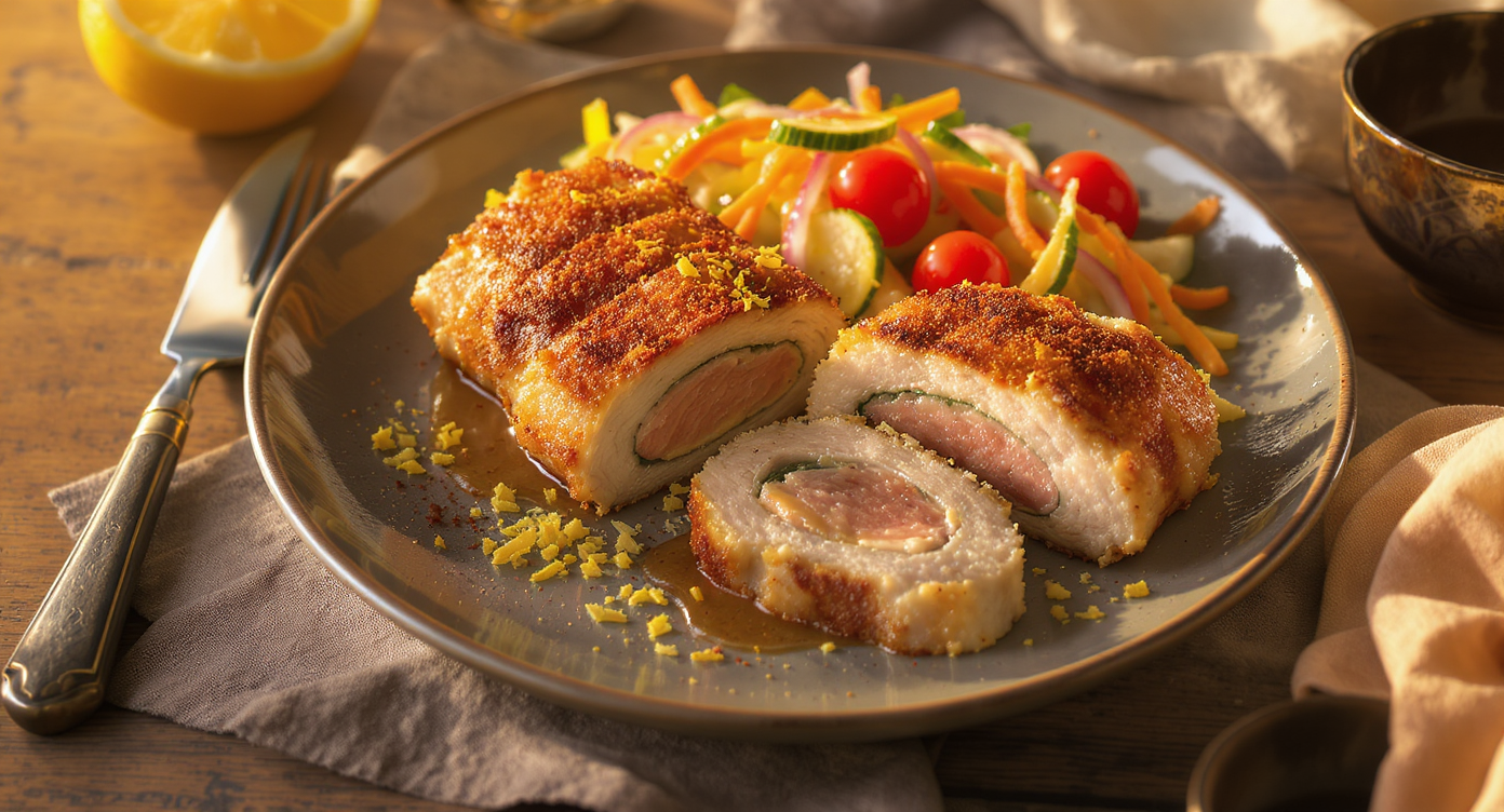 Funkadelic Chicken Cordon Bleu with Groovy Veggie Ribbon Salad