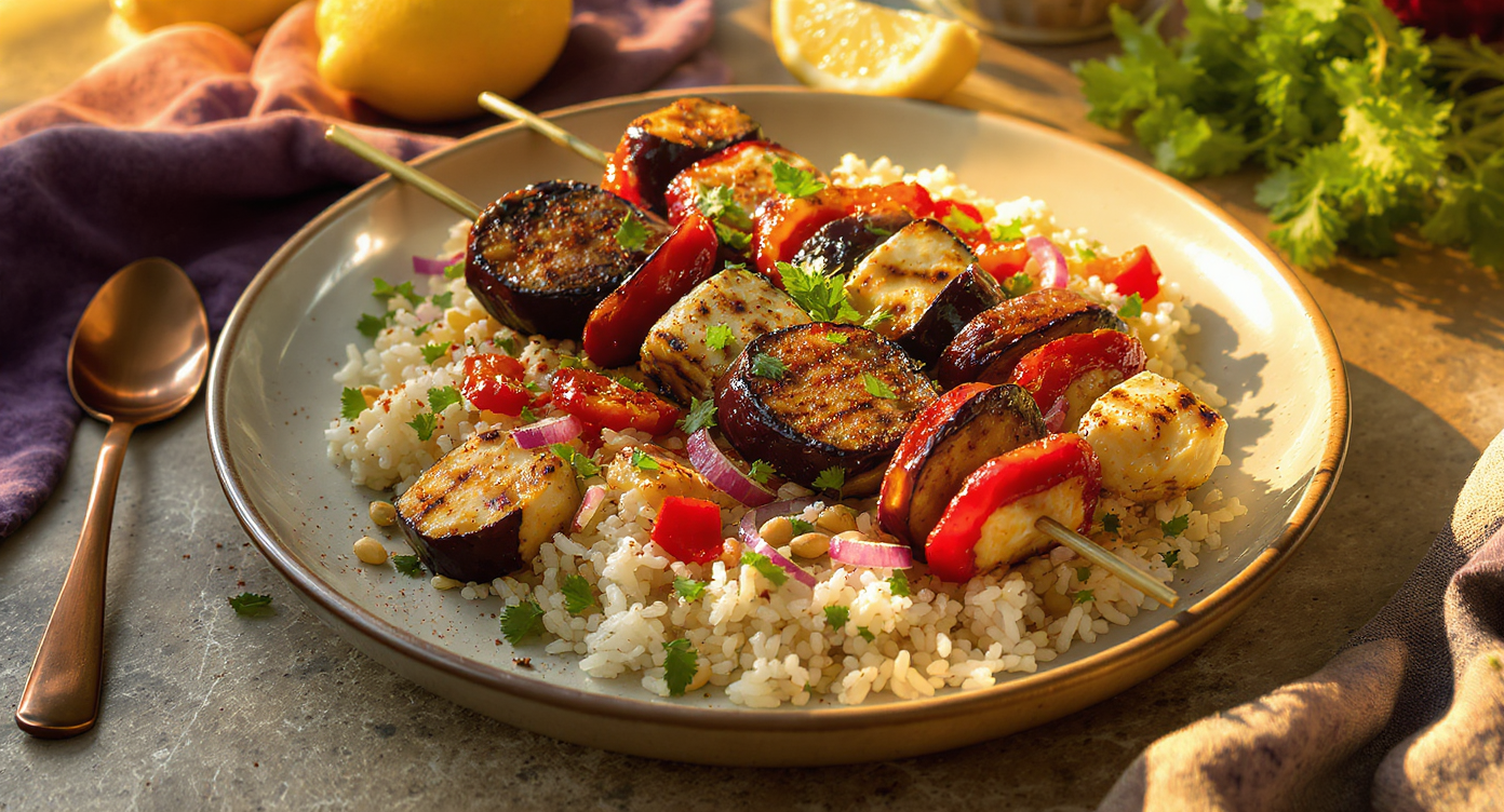 Groovy Grilled Eggplant & Halloumi Kebabs with Lemon-Herb Cauliflower Rice