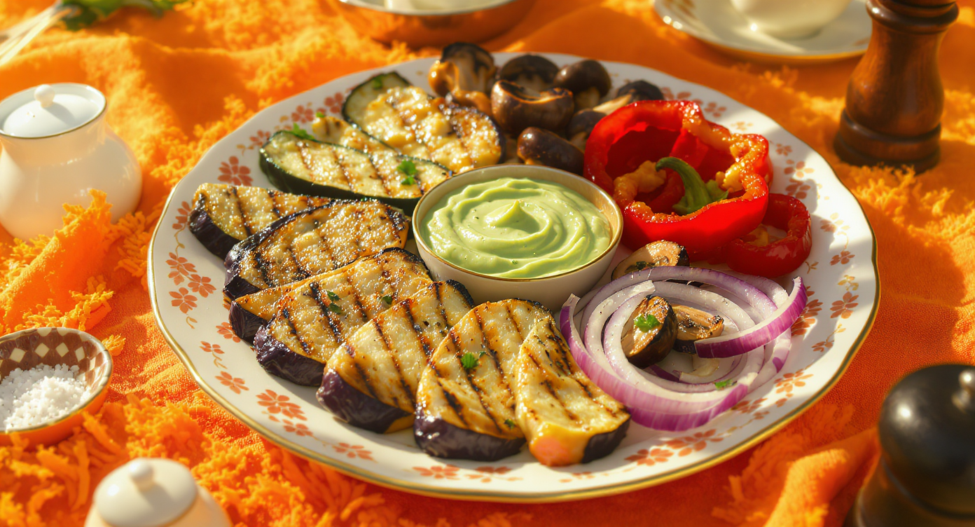 Groovy 70s California Veggie Grill Platter with Zesty Avocado-Goddess Sauce