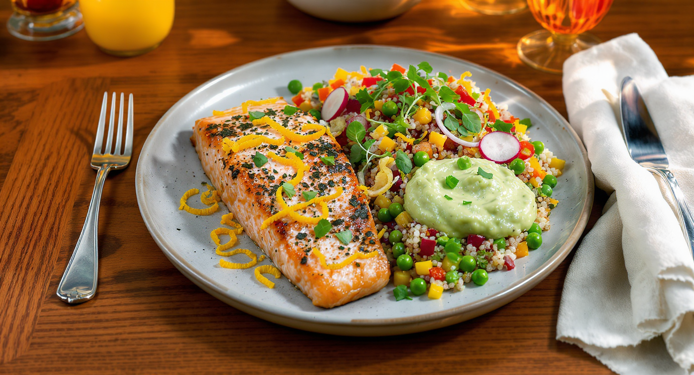 Groovy 70s California Dinner Platter: Citrus-Herb Salmon, Rainbow Veggie Pilaf & Creamy Avocado Sauce