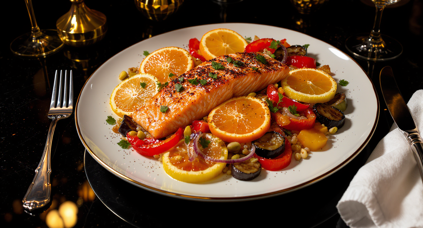 Studio 54 Pescatarian Dinner Platter: Funky Citrus Poached Salmon with Shagadelic Roasted Veggie Disco and Groovy Farro Pilaf