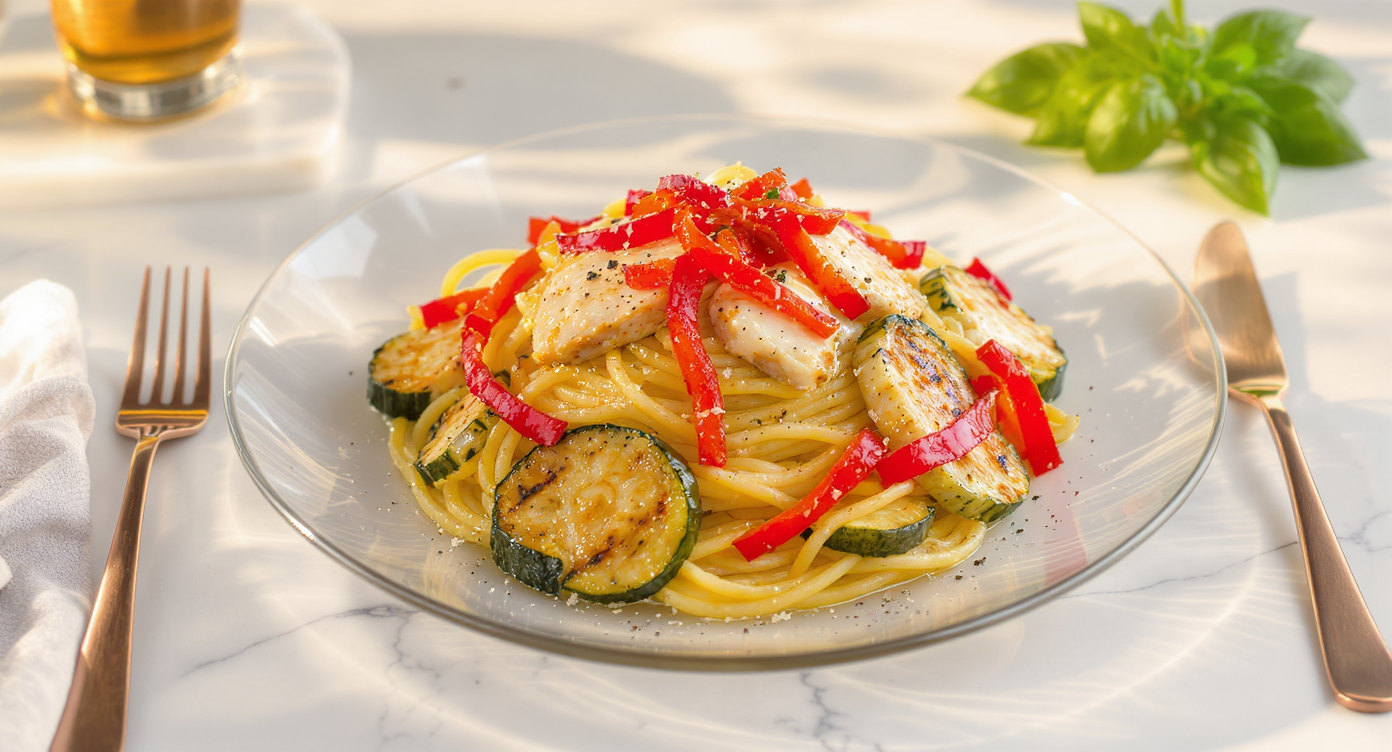 Charred Vegetable and Double Chicken Protein Spaghetti