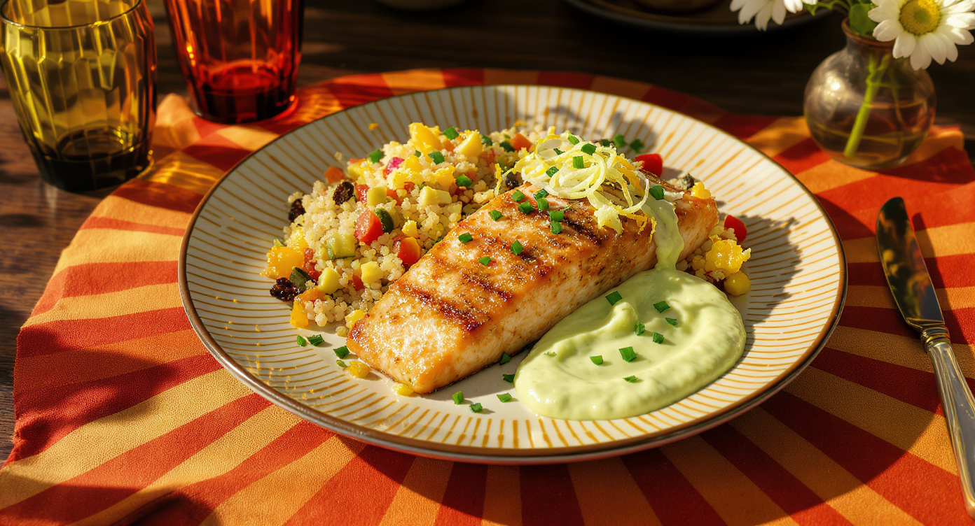 California 70s Groove Dinner: Citrus-Herb Salmon with Rainbow Quinoa Pilaf & Avocado Cream
