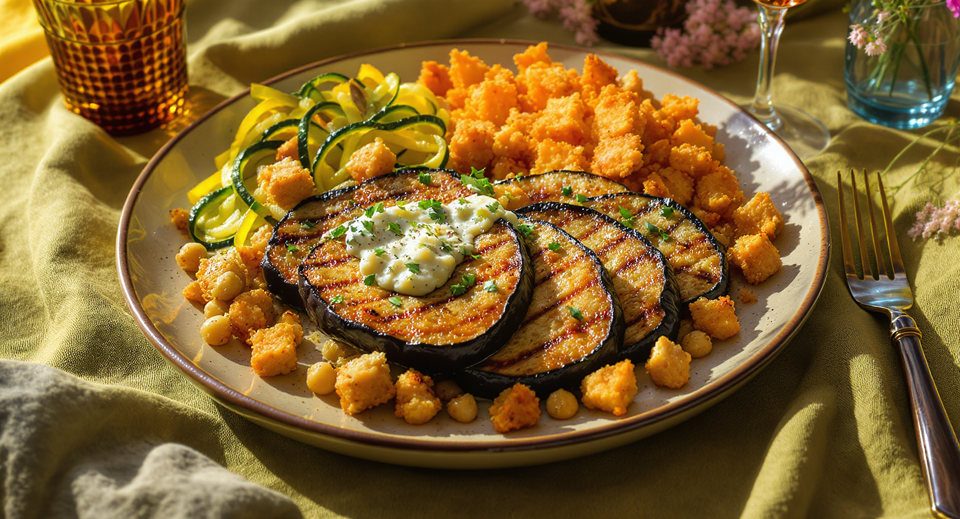 Groovy 70s California Dinner Platter: Eggplant “Steak” with Lemon-Herb Gremolata, Par-Cooked Zucchini Ribbons & Crispy Chickpea Shag Croutons