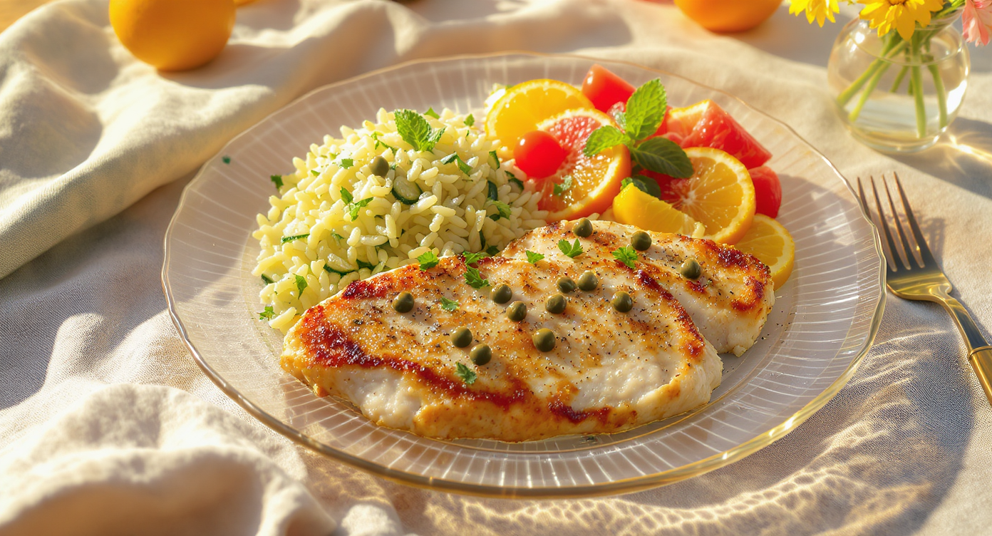 Retro Californian Chicken Piccata With Zucchini Orzo and Citrus Salad