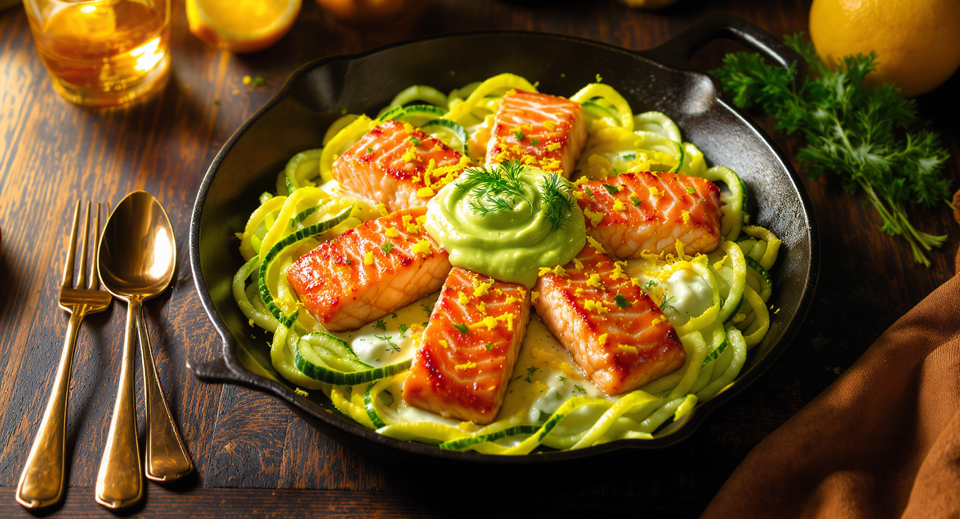 Studio 54 Citrus-Herb Salmon with Disco Zucchini Ribbons and Avocado Cream