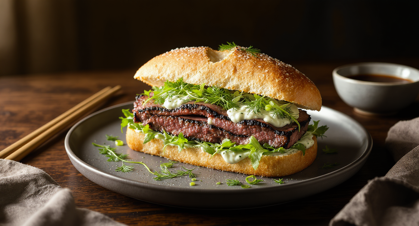 Herb-Marinated Flat Iron Steak Sandwiches with Dill, Chive, and Basil Aioli