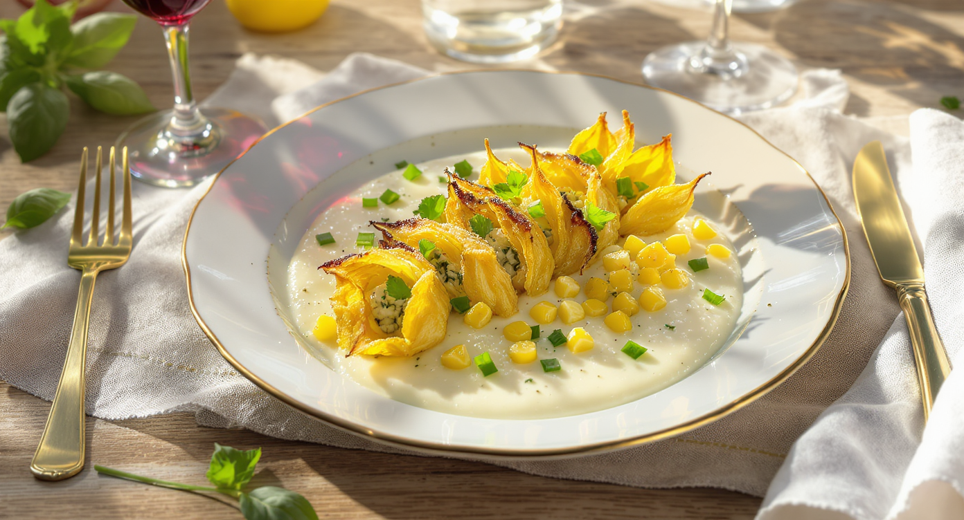 Crispy Stuffed Squash Blossoms with Herbed Ricotta, Sweet Corn & Lemon Cream Sauce