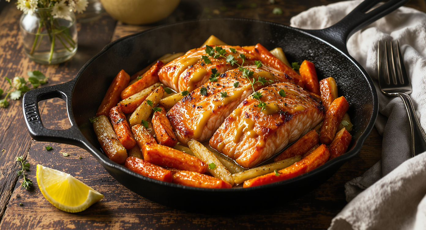 Maple-Mustard Glazed Salmon with Roasted Root Vegetables