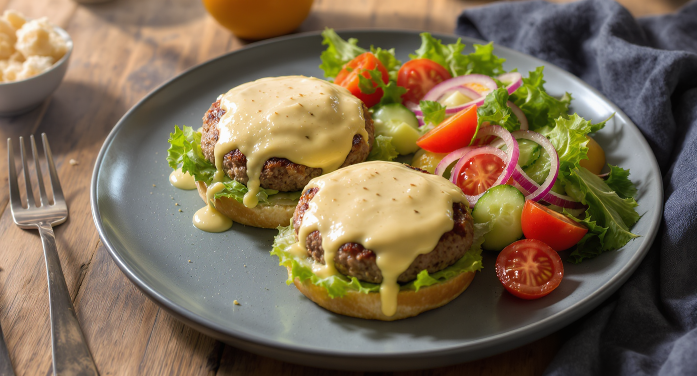 Keto Smash Burgers with Garlic Aioli & Summer Herb Salad
