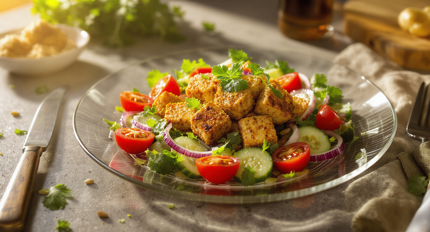 Crispy Tofu with Vegetarian 'Fish Sauce' and Herby Mediterranean Salad