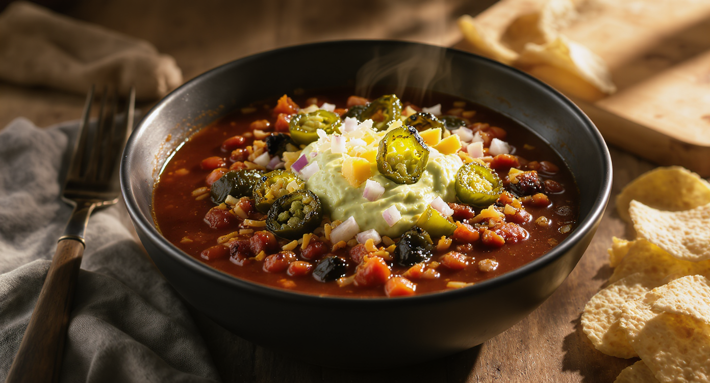 Bold Cal-Mex Fusion Chili with Charred Chiles & Avocado Crema
