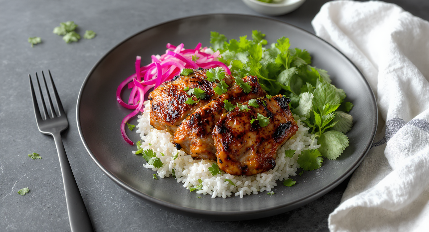 Southeast Asian Grilled Chicken Thighs with Pickled Shallots and Fresh Herb Salad