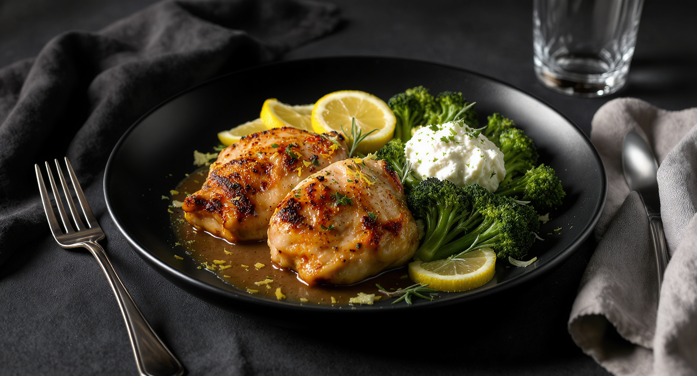 Scandalously Good Lemon-Rosemary Chicken with Charred Broccolini & Herbed Ricotta