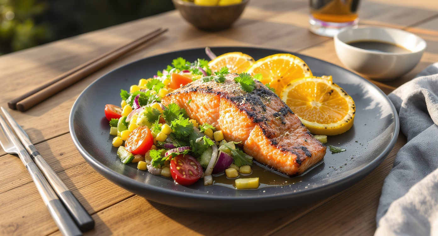 California Wok-Hei Salmon with Charred Citrus & Summer Corn Salad