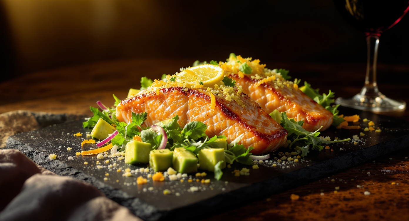 California Citrus-Seared Salmon with Avocado Herb Salad