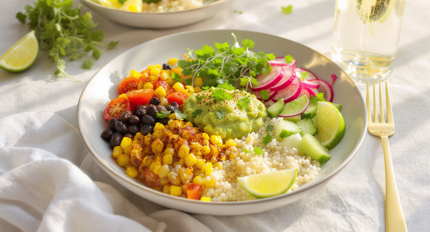 California Summer Grain Bowl with Charred Corn & Avocado Salsa