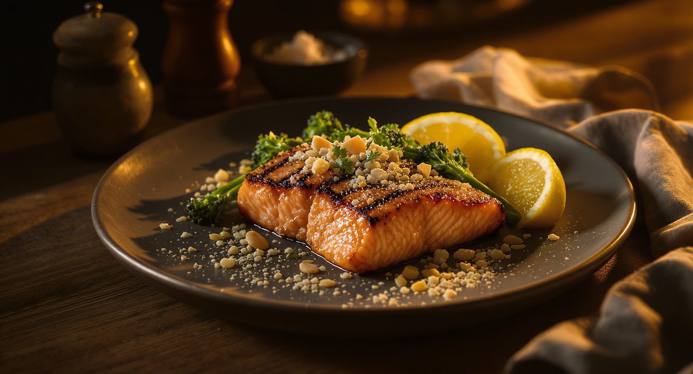 Secret Signals Grilled Lemon-Herb Salmon with Charred Broccolini & Almond Gremolata