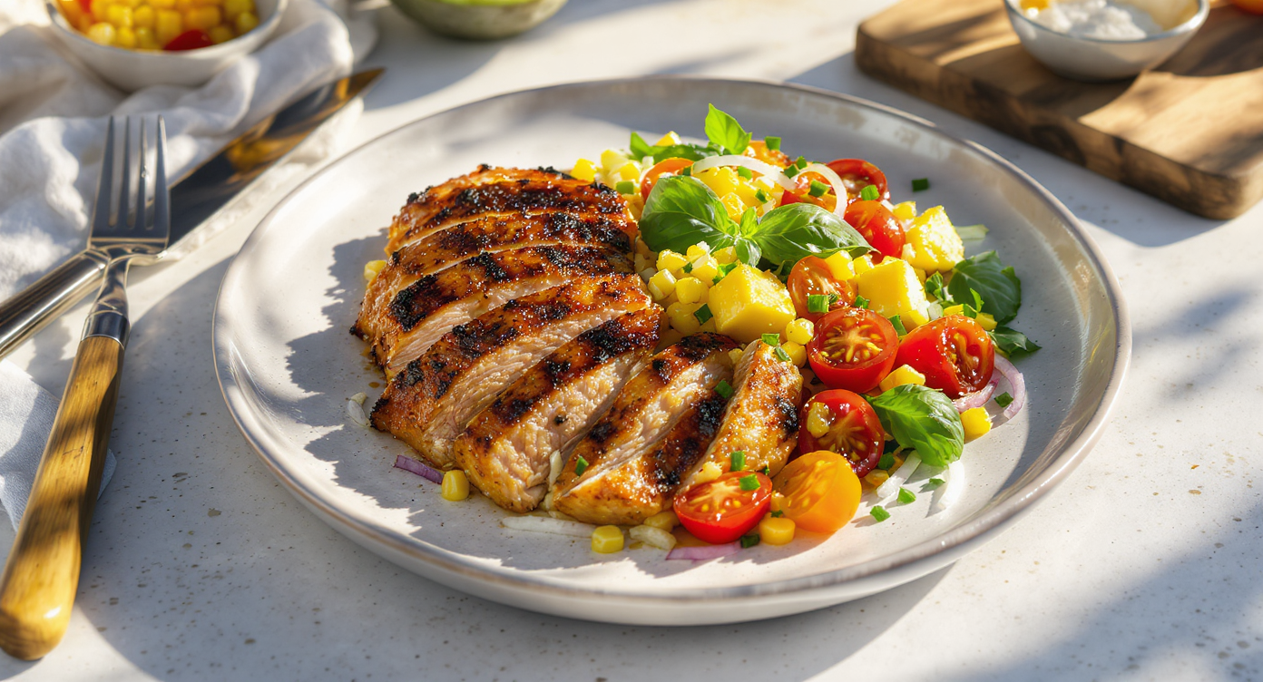 California Summer Brined Chicken with Charred Corn & Heirloom Tomato Salad