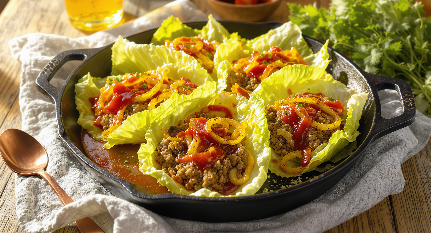 BBQ Beef Lettuce Wraps with Grilled Onions