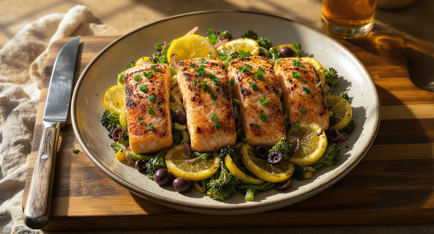 Stadium Sparks: Zesty Seared Salmon with Charred Lemon Broccolini