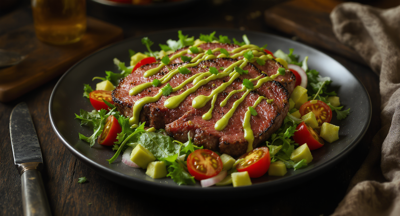 Salty & Spicy Keto Steak Salad with Avocado-Lime Dressing