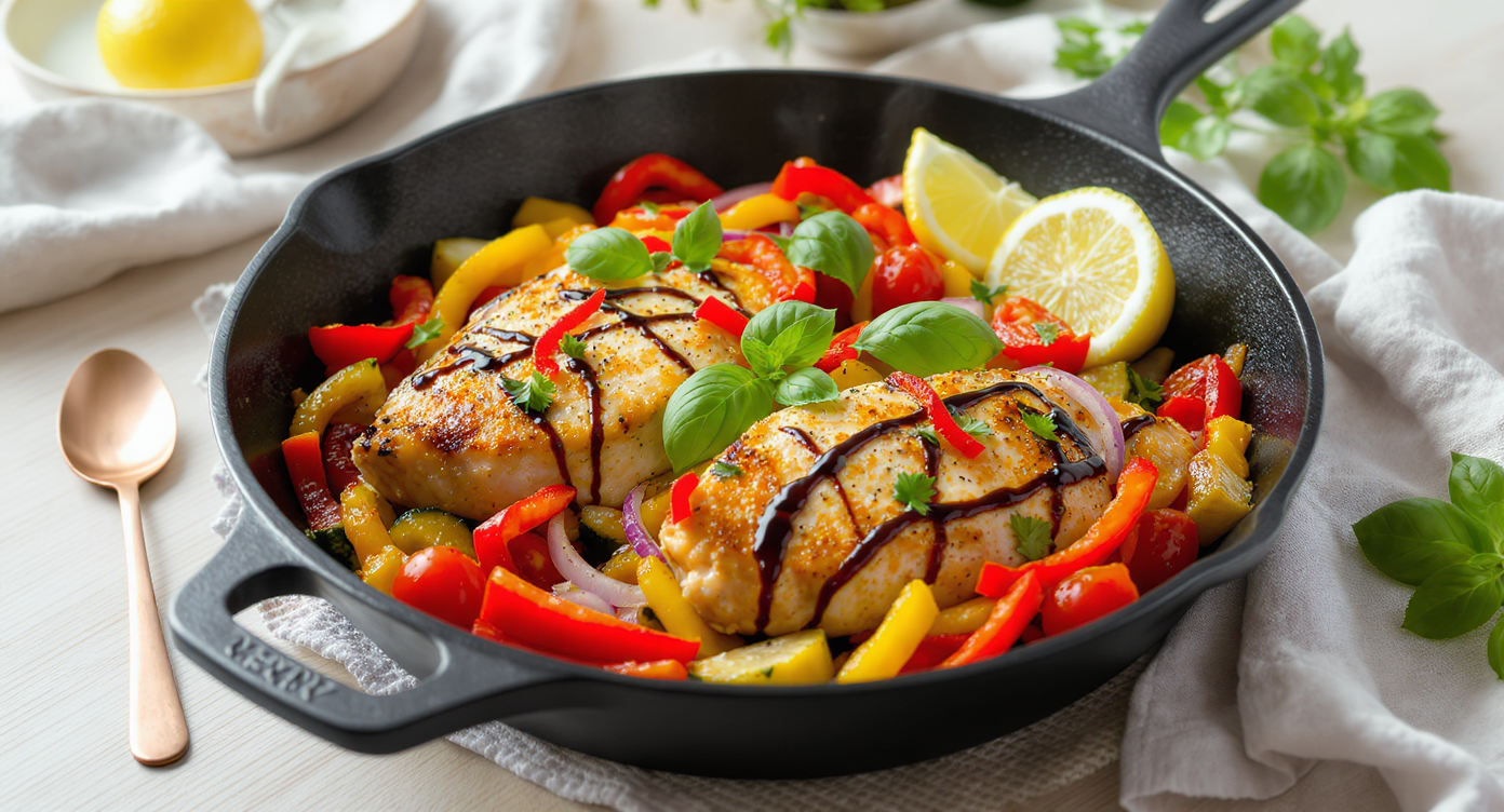 Bittersweet Harmony Skillet Chicken with Rainbow Veggie Medley