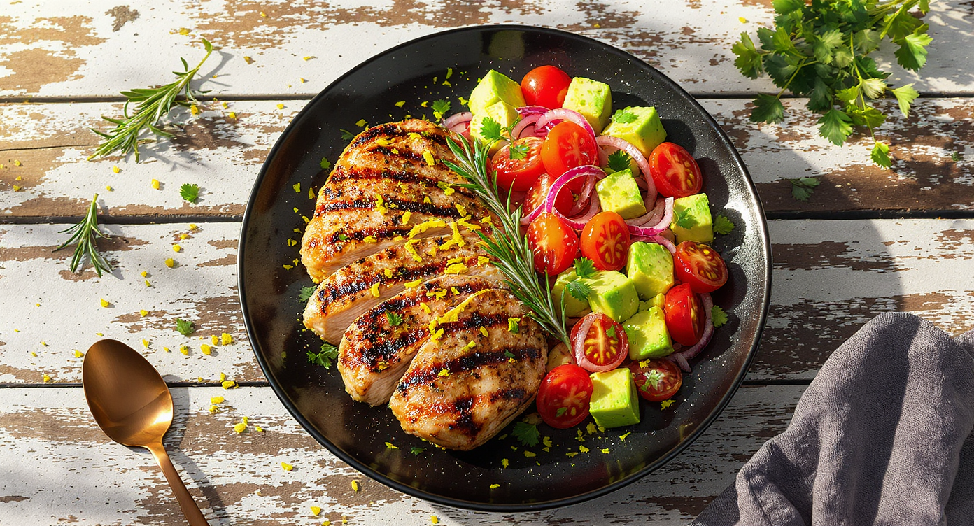 Grilled Lemon-Herb Chicken with Avocado Tomato Salad (Keto, Dairy-Free)