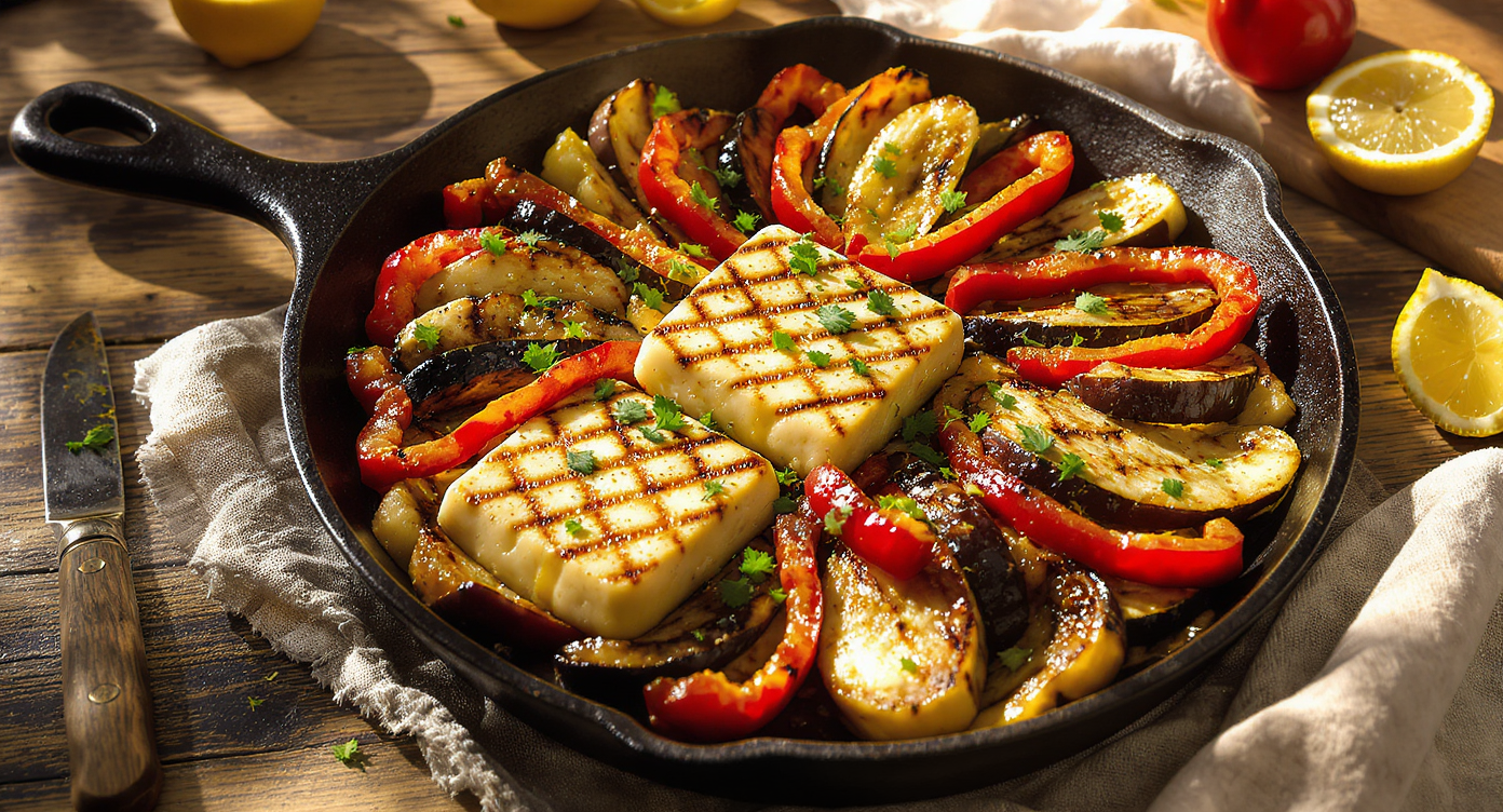 Mediterranean Grilled Halloumi & Charred Vegetable Platter with Herb Vinaigrette