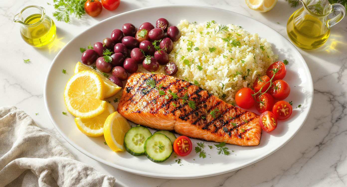 Mediterranean Grilled Salmon Platter with Herbed Cauliflower Rice