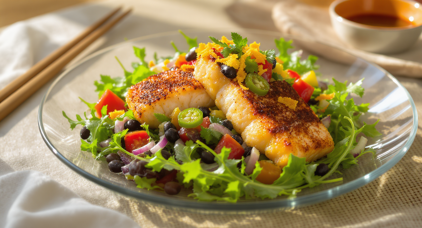 Boogaloo California Citrus Fish with Spiced Black Bean Salsa