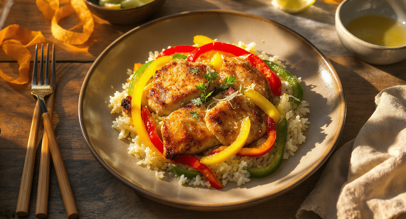 Seared Chicken Thighs with Tri-Color Peppers & Lemon Herb Rice