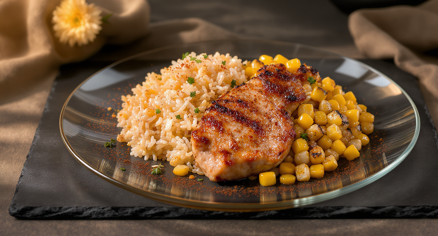 Seared Chicken Thighs with Garlic Butter Rice & Charred Corn